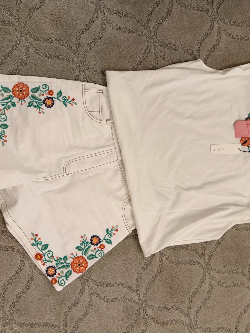 White Embroidered Sleeveless Tee and High-Waist Shorts Set - White
